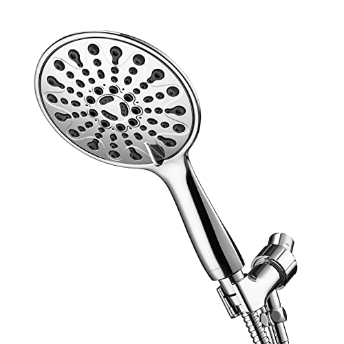 Couradric Handheld Shower Head, 6" Chrome Face 6 Spray Setting Shower Head with High Pressure, Brass Swivel Ball Mount and Extra Long Flexible Stainless Steel Hose - Image 1