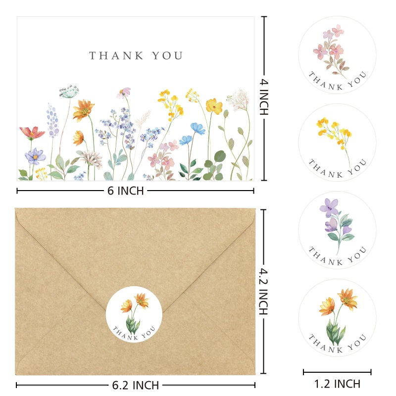 Hidreas 48 Pack Floral Thank You Cards with Envelopes, Watercolor Wildflower Thank You Notes with Kraft Envelopes Sticker for Birthday Wedding Baby Shower Bridal Shower Teachers Graduation, 4 x 6 Inch - Image 3
