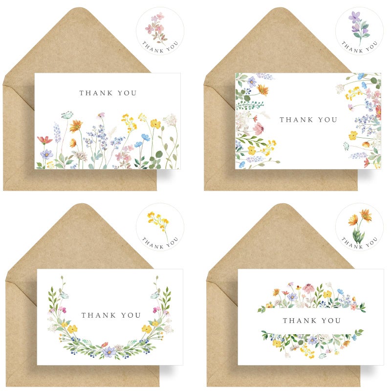 Hidreas 48 Pack Floral Thank You Cards with Envelopes, Watercolor Wildflower Thank You Notes with Kraft Envelopes Sticker for Birthday Wedding Baby Shower Bridal Shower Teachers Graduation, 4 x 6 Inch - Image 2