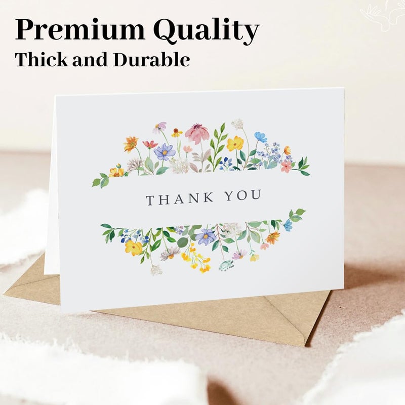 Hidreas 48 Pack Floral Thank You Cards with Envelopes, Watercolor Wildflower Thank You Notes with Kraft Envelopes Sticker for Birthday Wedding Baby Shower Bridal Shower Teachers Graduation, 4 x 6 Inch - Image 5