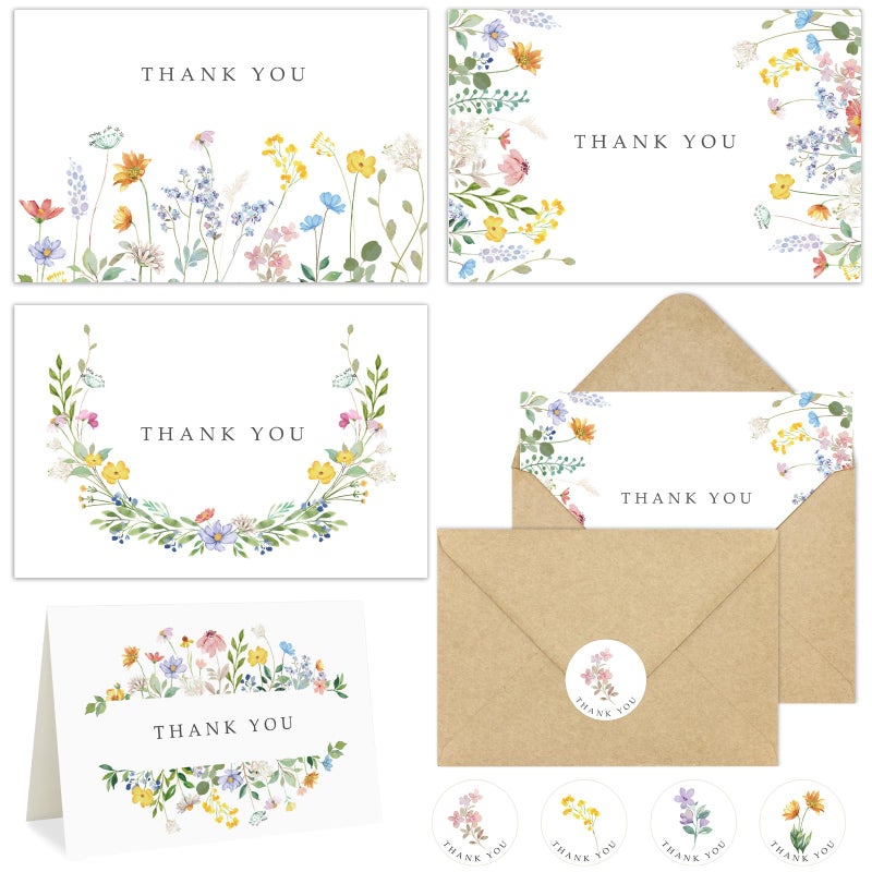 Hidreas 48 Pack Floral Thank You Cards with Envelopes, Watercolor Wildflower Thank You Notes with Kraft Envelopes Sticker for Birthday Wedding Baby Shower Bridal Shower Teachers Graduation, 4 x 6 Inch - Image 1
