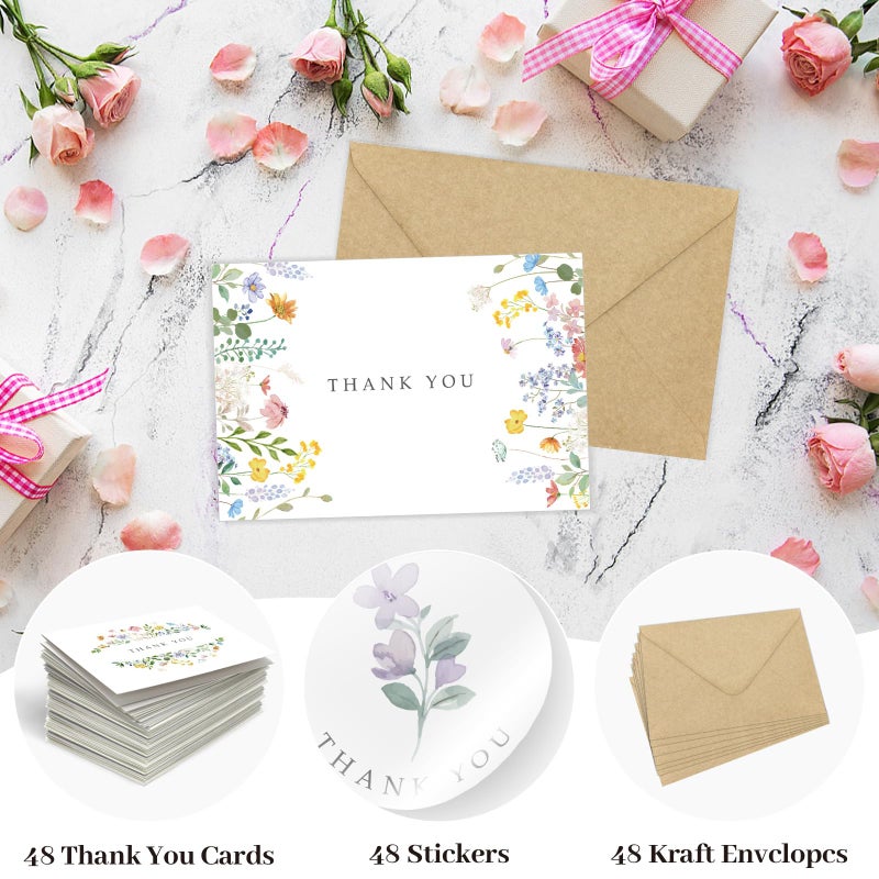 Hidreas 48 Pack Floral Thank You Cards with Envelopes, Watercolor Wildflower Thank You Notes with Kraft Envelopes Sticker for Birthday Wedding Baby Shower Bridal Shower Teachers Graduation, 4 x 6 Inch - Image 4