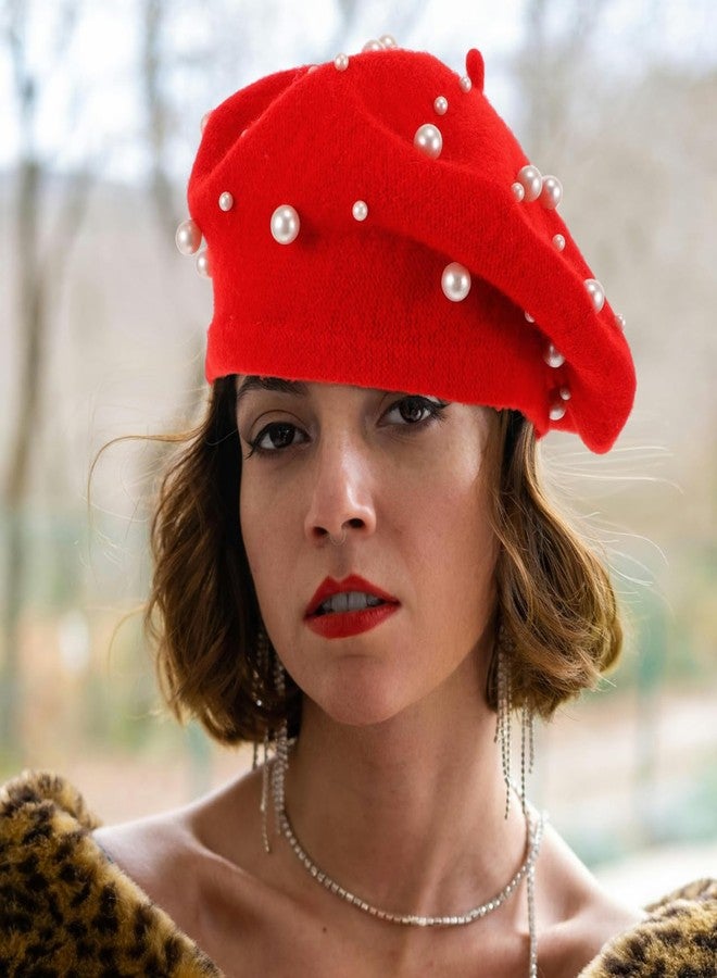 بيستويارد قبعات بيريه مزينة باللؤلؤ للنساء، قبعات بيريه فرنسية كلاسيكية من الصوف، قبعات حمراء للنساء والفتيات، إكسسوار أنيق لفصل الشتاء وعيد الميلاد - Image 3