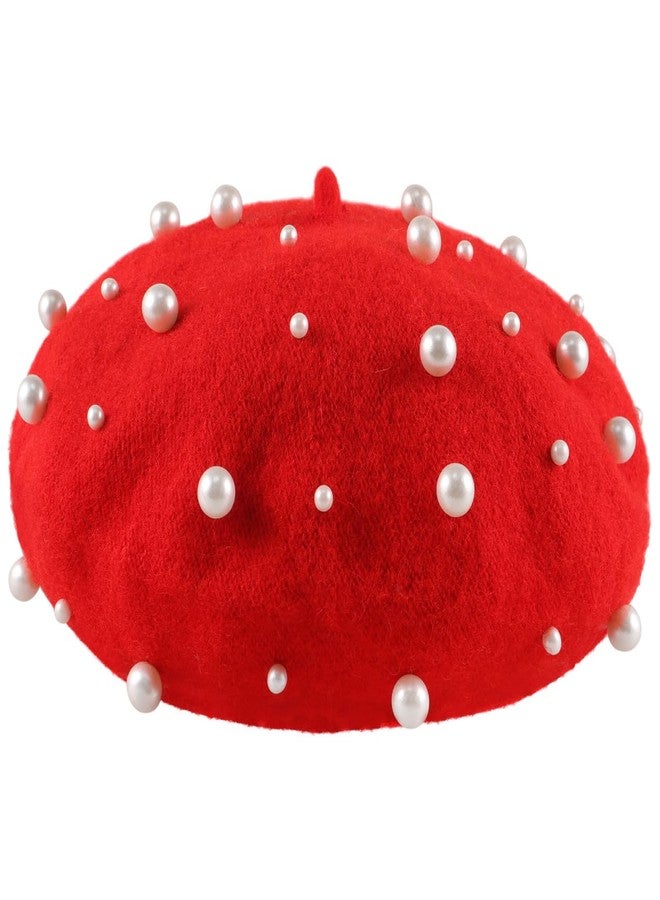بيستويارد قبعات بيريه مزينة باللؤلؤ للنساء، قبعات بيريه فرنسية كلاسيكية من الصوف، قبعات حمراء للنساء والفتيات، إكسسوار أنيق لفصل الشتاء وعيد الميلاد - Image 1