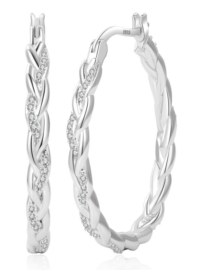 Senteria أقراط هووب فضية ستيرلنج للنساء خالية من المواد المسببة للحساسية أقراط هووب فضية كبيرة مع زركونيا مكعبة AAA+ خفيفة الوزن بأقراط ملتوية للنساء 30MM - Image 1