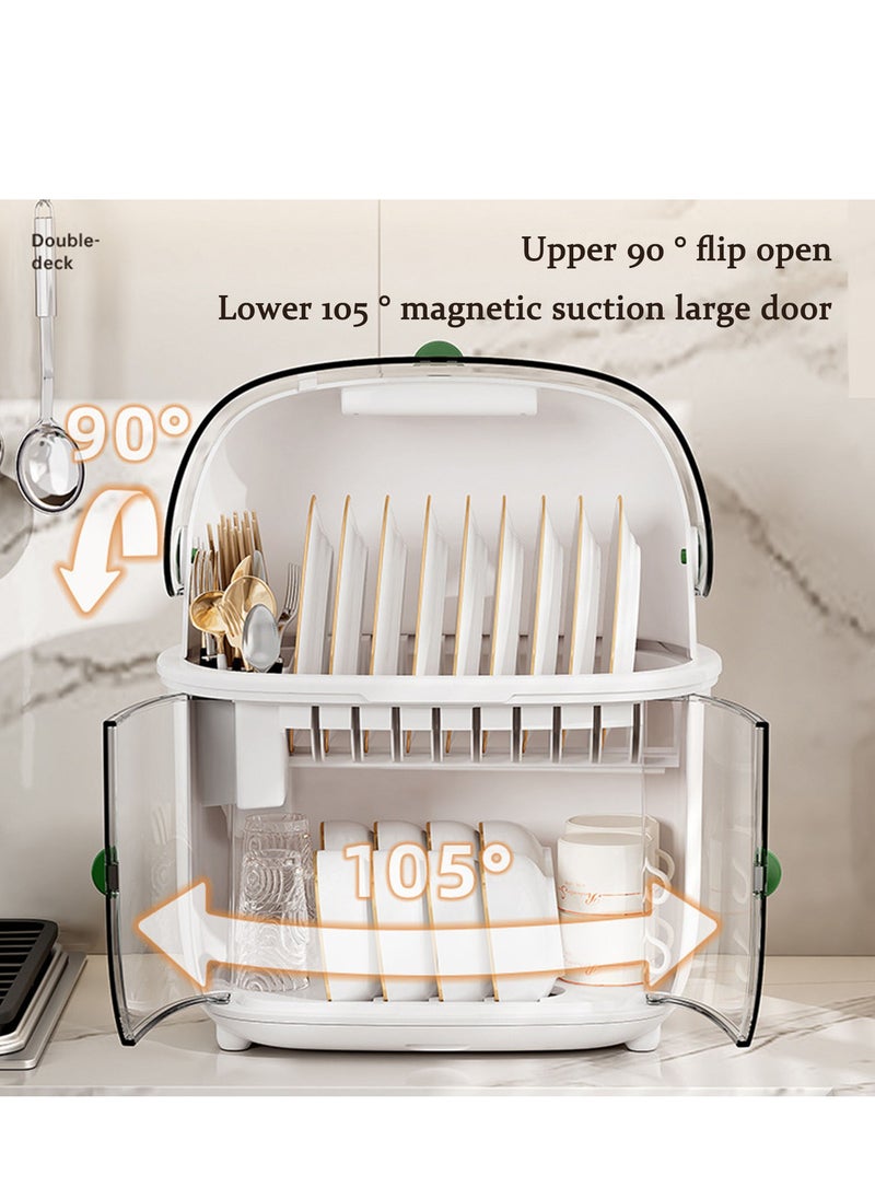 Arabest - Dish Drying Rack Dust-proof Kitchen Plastic Dish Rack Tableware Storage Box Drain Dishware Lid Double-layer Partition Cupboard Double-layer Tableware Storage Rack - Image 1