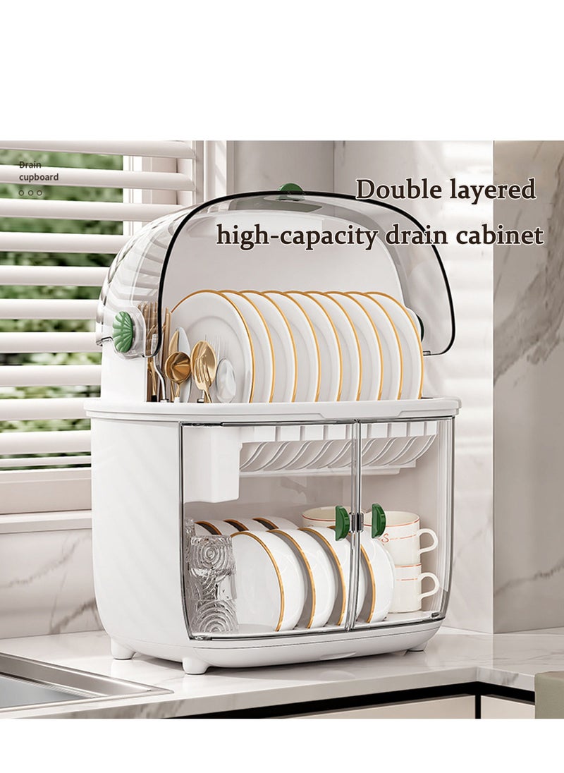 Arabest - Dish Drying Rack Dust-proof Kitchen Plastic Dish Rack Tableware Storage Box Drain Dishware Lid Double-layer Partition Cupboard Double-layer Tableware Storage Rack - Image 1