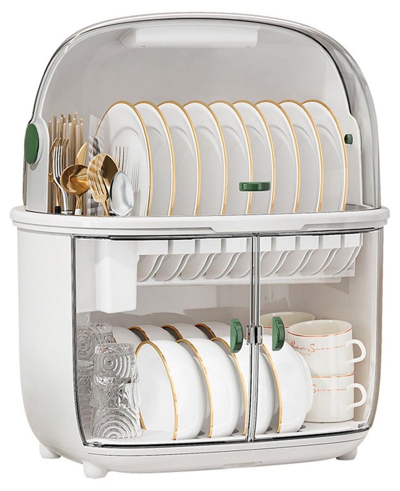 Arabest رف تجفيف الأطباق المقاوم للغبار، رف بلاستيكي للأطباق، صندوق تخزين أدوات المائدة، غطاء تصريف الأطباق، خزانة تقسيم مزدوجة الطبقات، رف تخزين أدوات المائدة مزدوج الطبقات - Image 1