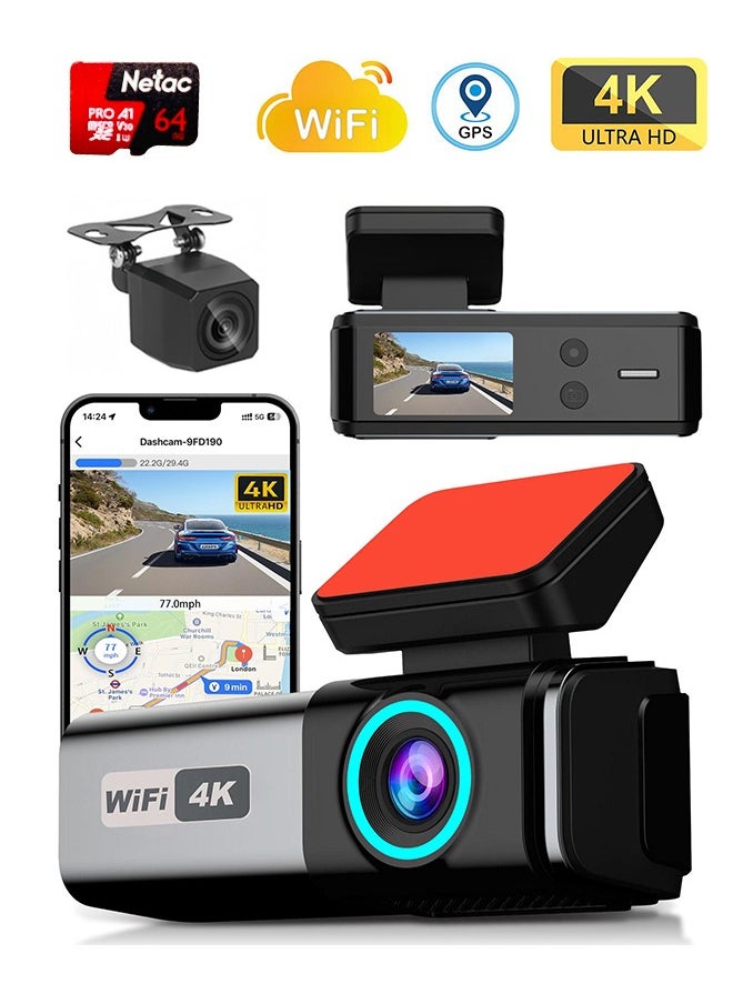 Digisand - 4K WIFI Dash Cam Front and Rear Dual Lens Auto Car Camera with 64GB Card Night Vision G-Sensor Black Box - Image 1