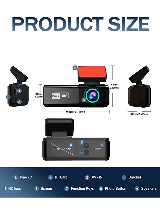 Digisand - 4K WIFI Dash Cam Front and Rear Dual Lens Auto Car Camera with 64GB Card Night Vision G-Sensor Black Box - Image 1