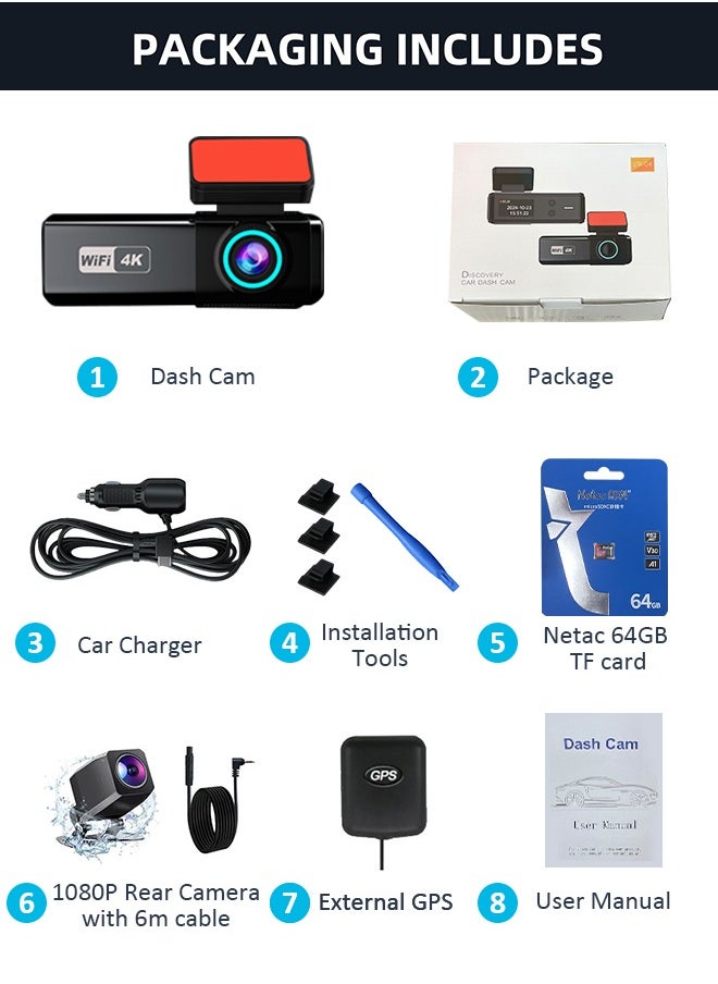 Digisand - 4K WIFI Dash Cam Front and Rear Dual Lens Auto Car Camera with 64GB Card Night Vision G-Sensor Black Box - Image 1