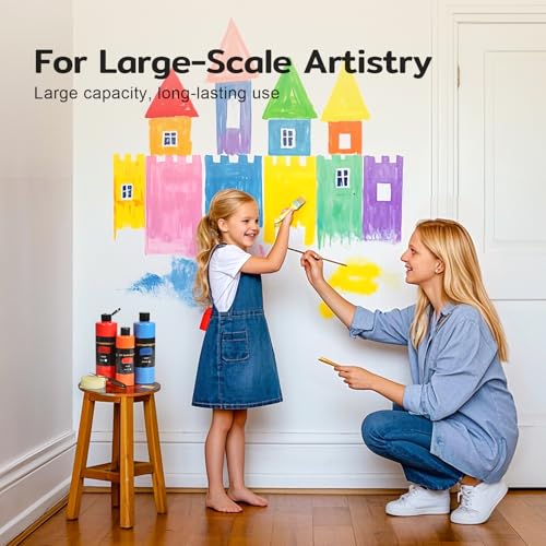 Color More طقم طلاء أكريليك كبير بـ 12 لون (500 مل/16.9 أونصة زجاجات كبيرة جداً)، غير سامة للأطفال والبالغين، طلاء أكريليك بكميات كبيرة على الخشب، الزجاج، السيراميك، مستلزمات الرسم الفني مع سكين لوحة وإسفنجة فنية - Image 2