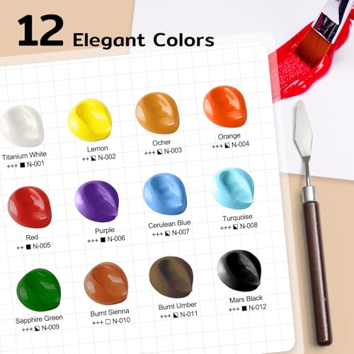 Color More طقم طلاء أكريليك كبير بـ 12 لون (500 مل/16.9 أونصة زجاجات كبيرة جداً)، غير سامة للأطفال والبالغين، طلاء أكريليك بكميات كبيرة على الخشب، الزجاج، السيراميك، مستلزمات الرسم الفني مع سكين لوحة وإسفنجة فنية - Image 5