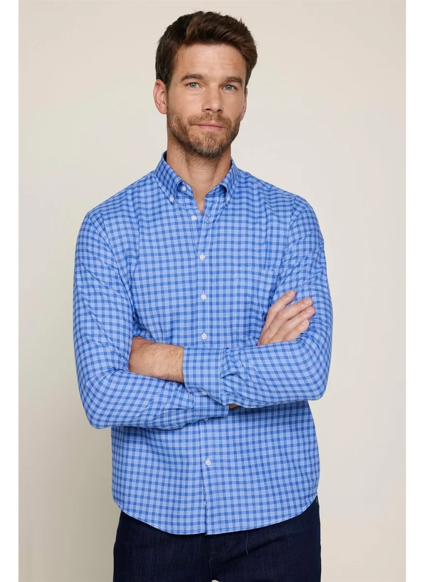 Tudors Classic Fit Button Collar Small Checked Cotton Men's Blue Shirt