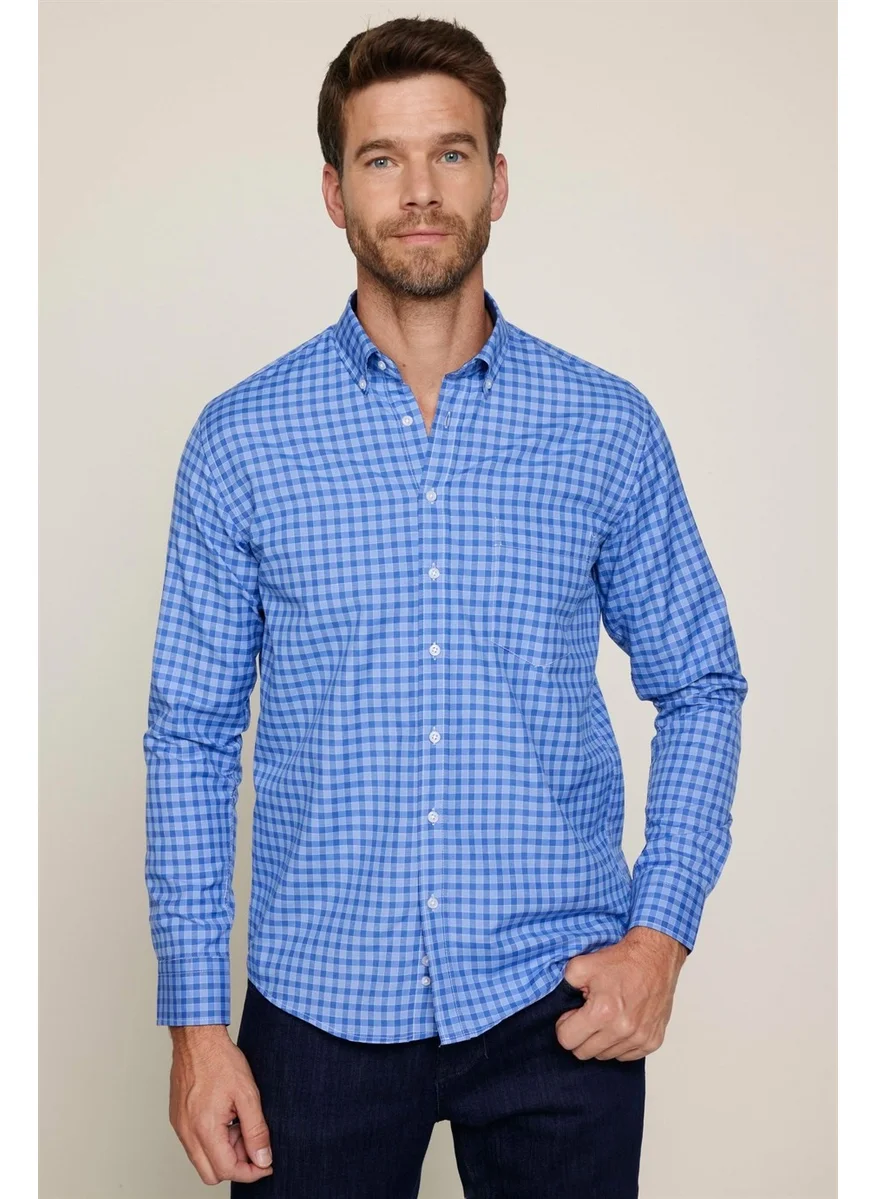 Tudors Classic Fit Button Collar Small Checked Cotton Men's Blue Shirt
