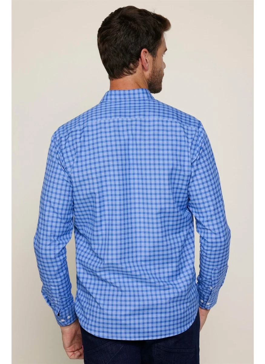 Tudors Classic Fit Button Collar Small Checked Cotton Men's Blue Shirt
