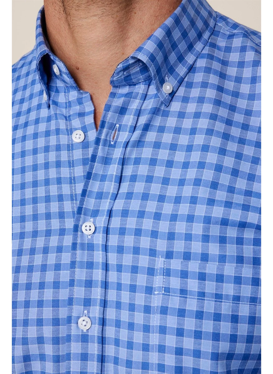 Tudors Classic Fit Button Collar Small Checked Cotton Men's Blue Shirt