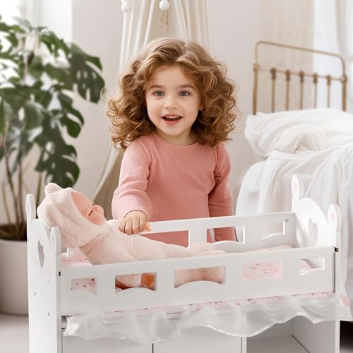 ROBUD Baby Doll Crib Wooden Doll Bed Baby Crib Toy with Storage Bedding Storage Bag and 3 Hooks 1821 inch Doll Accessories Girl Doll Furniture Ages 3 White - Image 5