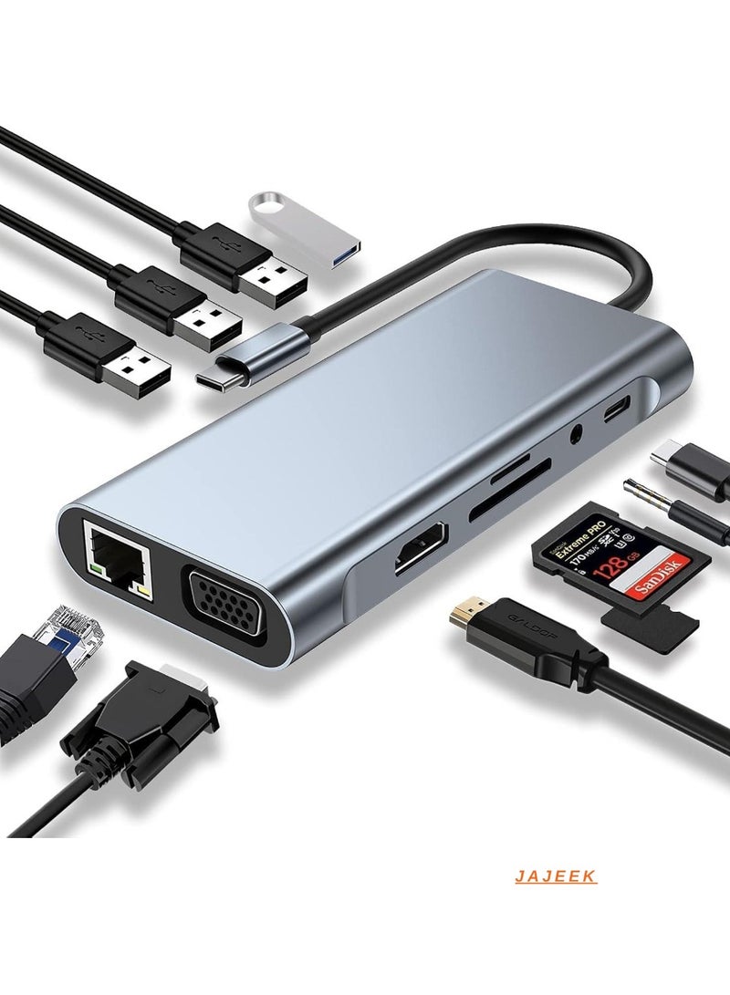 JAJEEK 11-in-1 USB C Adapter Docking Station with 4K HDMI, USB 3.0, VGA, Ethernet, SD/TF Card Reader – Multi-Port Hub for MacBook Pro/Air & Type C Devices – Seamless Connectivity, Fast Charging & High-Resolution Display  - Image 1