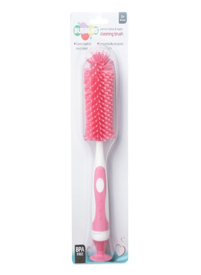 Bubbles 2- in -1 Bristle Baby Feeding Bottle Plastic Cleaning Brush & Nipple Cleaner,Grooved Handle with Suction Base,Easy to Clean Bottle Corners for Narrow Neck&Wide Neck Feeding Bottles (Pink) - Image 2