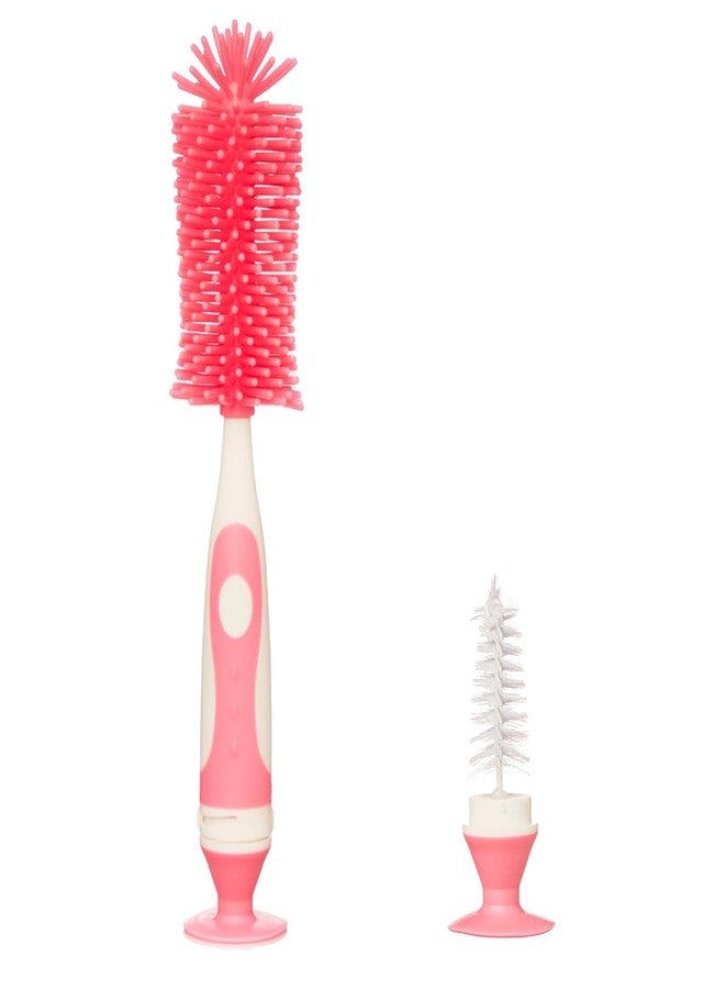 Bubbles 2- in -1 Bristle Baby Feeding Bottle Plastic Cleaning Brush & Nipple Cleaner,Grooved Handle with Suction Base,Easy to Clean Bottle Corners for Narrow Neck&Wide Neck Feeding Bottles (Pink) - Image 1