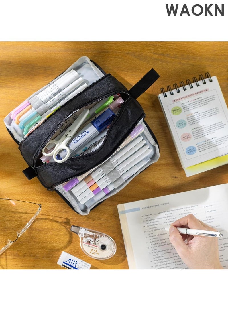 دبليو أيه أو كي أن حافظة أقلام رصاص بسعة كبيرة جدًا - حقيبة تنظيم متعددة الفتحات بأربعة أقسام للمدرسة والمكتب - حامل أدوات مكتبية أنيق مع إغلاق بسحاب - تتسع لأكثر من 100 قلم وعلامة وتمييز - حقيبة أقلام رصاص من القماش المتين للمراهقين/البالغين (أسود) - Image 3