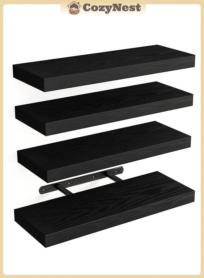 Exquisite 4Pcs Black Floating Wall Shelves,Large & Deep Sturdy Wall-Mounted Storage Rack for Bedroom, Bathroom, Laundry, Kitchen, Living Room & Closet Decor - Image 1