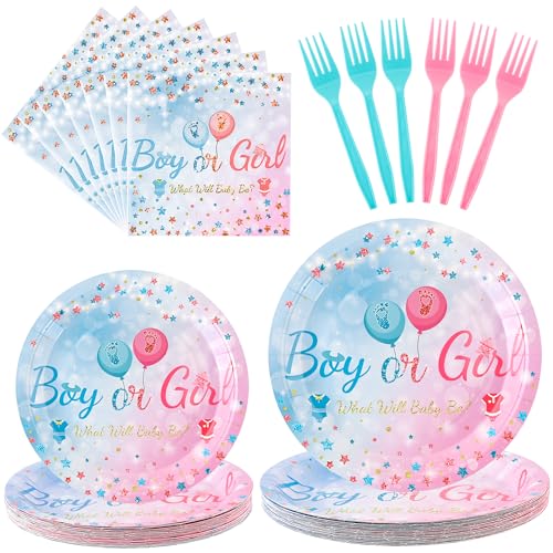 CANREVEL 96 PCS Gender Reveal Plates Set Serve 24 Disposable Tableware for Gender Reveal Decorations Boys Girls Kids - Image 1