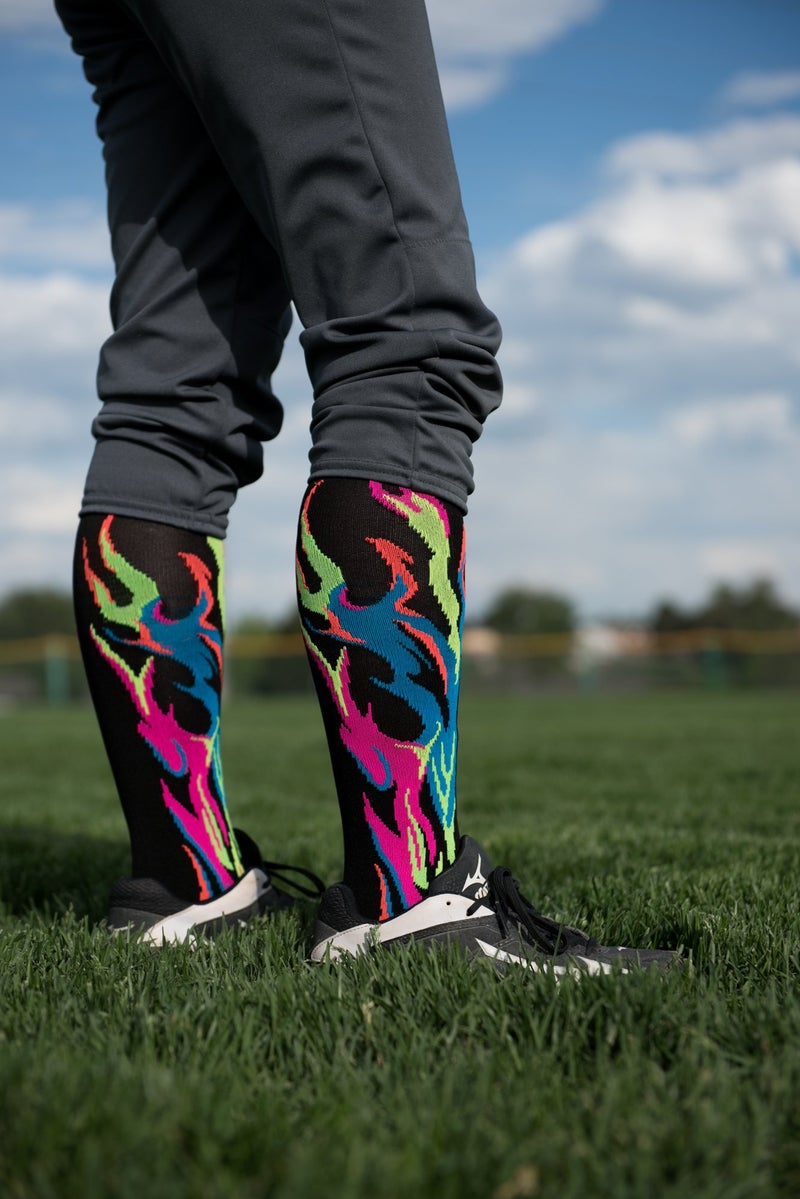 MadSportsStuff Flame Socks Athletic Over the Calf Socks (Purple/Multi Neon, Large) - Image 5