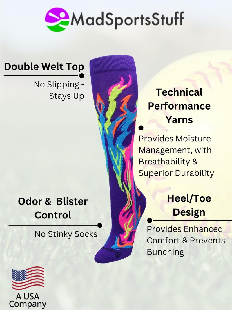 MadSportsStuff Flame Socks Athletic Over the Calf Socks (Purple/Multi Neon, Large) - Image 3