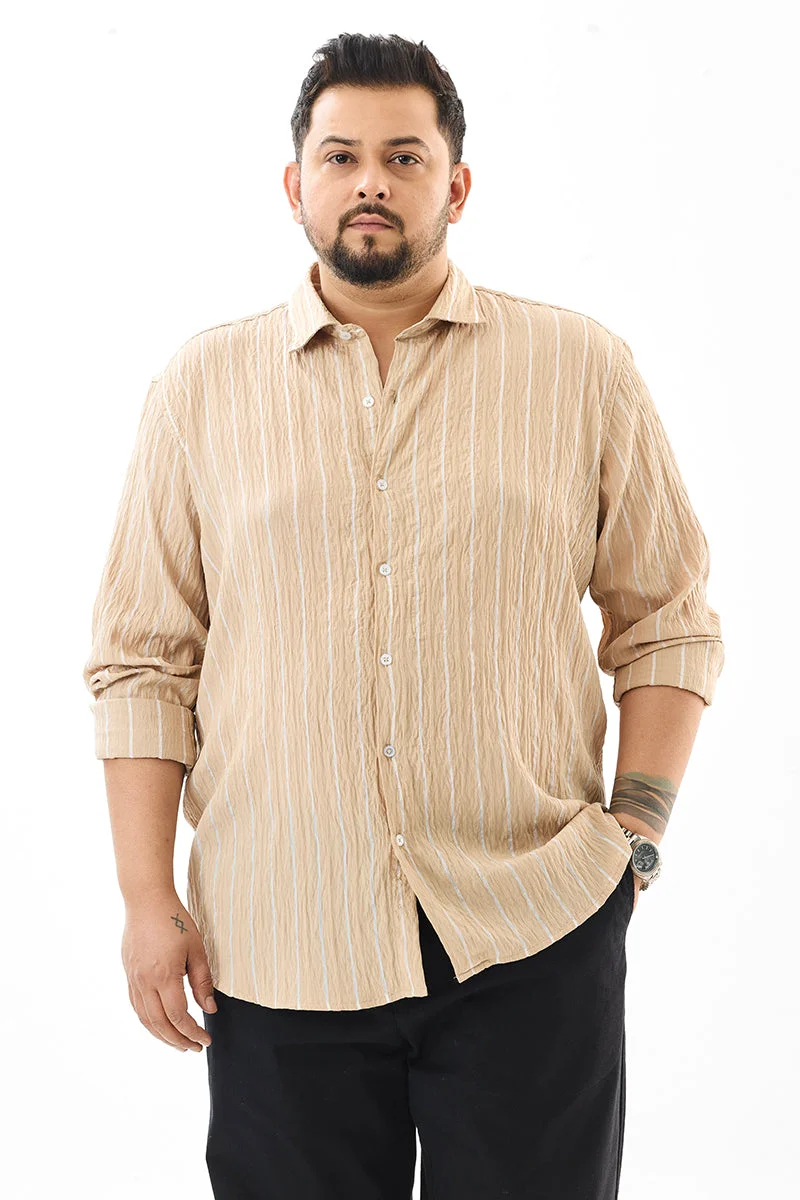 SNITCH Regular Fit Stripes Beige Plus Size Shirt