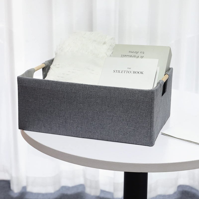 LaMorÃ©e Fabric Storage Bin Box Foldable Cotton Linen Storage Basket with Wooden Handles Rectangular Cube Decorative Home Laundry Organizer Clothes Blanket Container - Grey, Small - Image 5