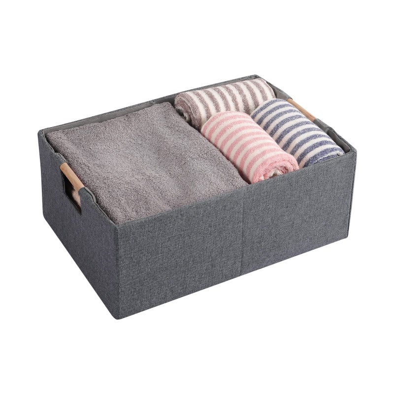 LaMorÃ©e Fabric Storage Bin Box Foldable Cotton Linen Storage Basket with Wooden Handles Rectangular Cube Decorative Home Laundry Organizer Clothes Blanket Container - Grey, Small - Image 2