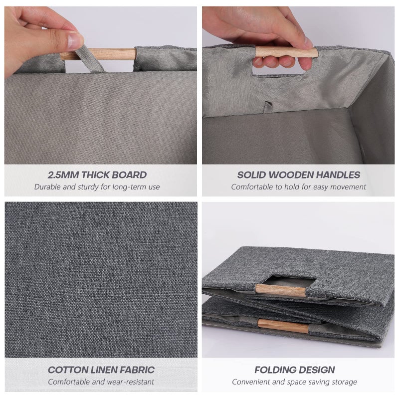 LaMorÃ©e Fabric Storage Bin Box Foldable Cotton Linen Storage Basket with Wooden Handles Rectangular Cube Decorative Home Laundry Organizer Clothes Blanket Container - Grey, Small - Image 3