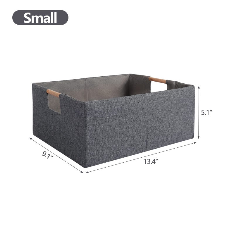 LaMorÃ©e Fabric Storage Bin Box Foldable Cotton Linen Storage Basket with Wooden Handles Rectangular Cube Decorative Home Laundry Organizer Clothes Blanket Container - Grey, Small - Image 4