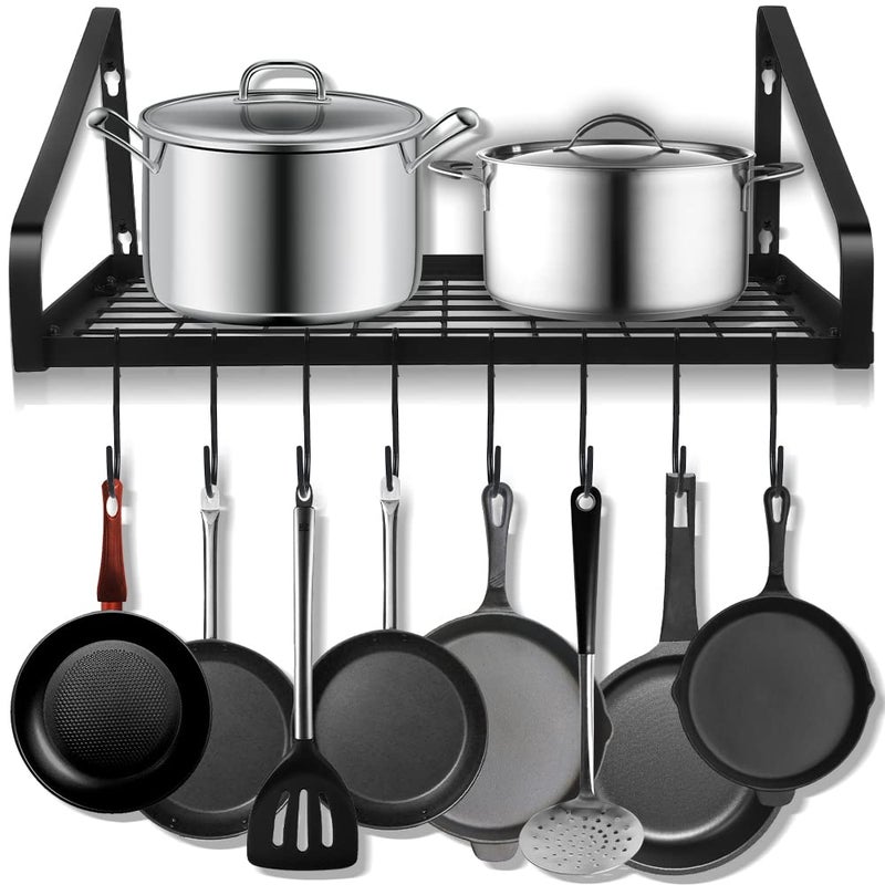 Felibeaco Hanging Pots Pans RackWall Mounted Pots Pans Organizer Holder Rack with 8 Hooks Kitchen Wall Storage Organizer Hanger Shelves for Pans Set Utensils Cookware Books HouseholdBlack