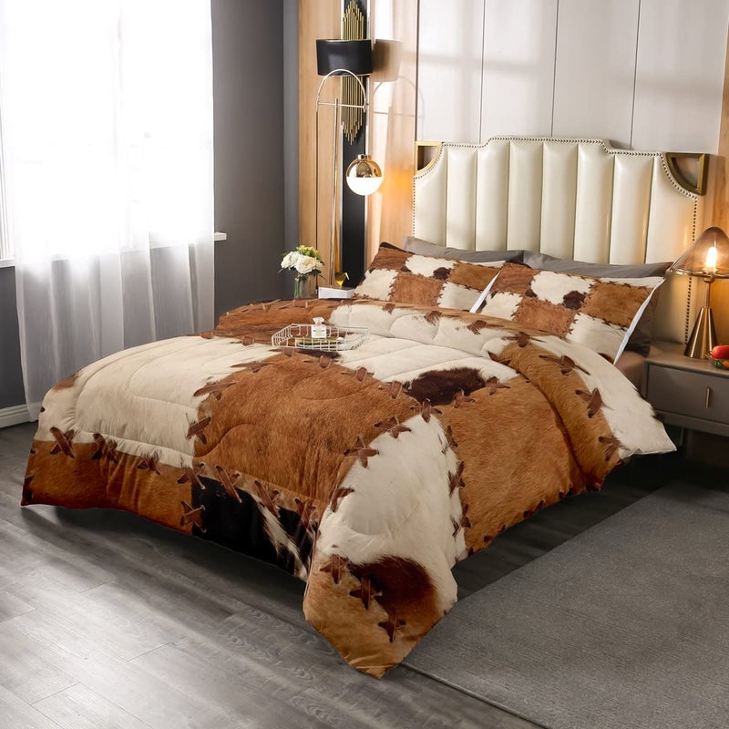 Erosebridal Erosebridal Cowhide Bedding Sets Patchwork Cow Fur Print Comforter Not Real Fur Farm Animal Comforter Set for Kids Boys Girls Western Cowboy Farmhouse Quilt Bedding Queen Size Bedroom Decor 