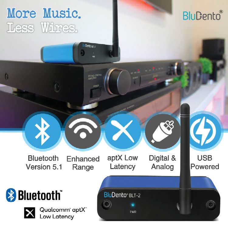 BluDento BLT-2 Hi-Fi Bluetooth 5.1 Audio Receiver â€“ aptX HD/AAC, Audiophile TI DAC, Long-Range, RCA,Optical & Coaxial Digital Outputs for Home Stereo - Image 2