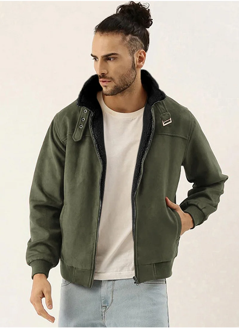 Campus Sutra Men's Army Green Fur-Lined Suede Bomber Jacket