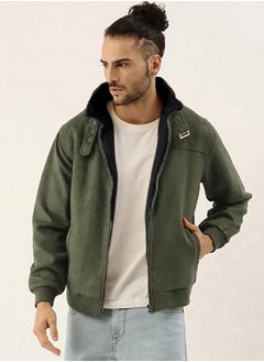Campus Sutra Men's Army Green Fur-Lined Suede Bomber Jacket  - Image 2
