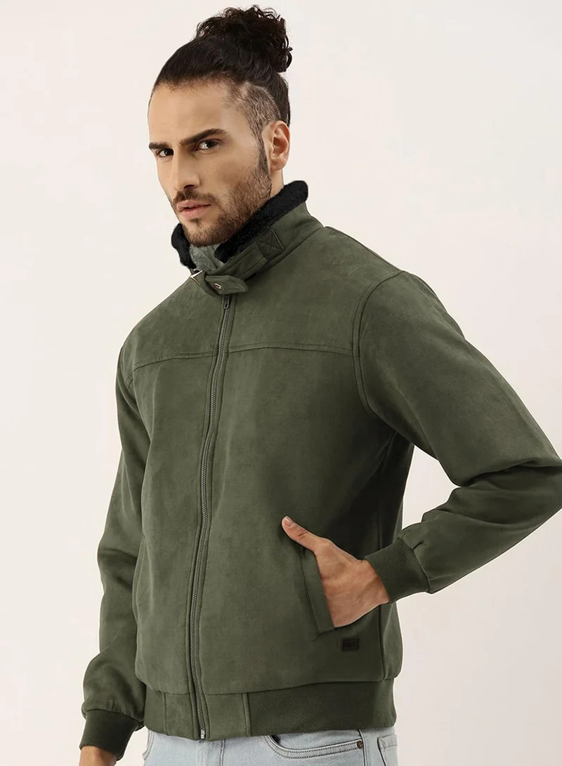 Campus Sutra Men's Army Green Fur-Lined Suede Bomber Jacket