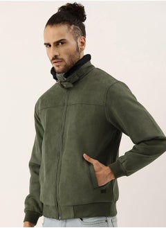 Campus Sutra Men's Army Green Fur-Lined Suede Bomber Jacket  - Image 3