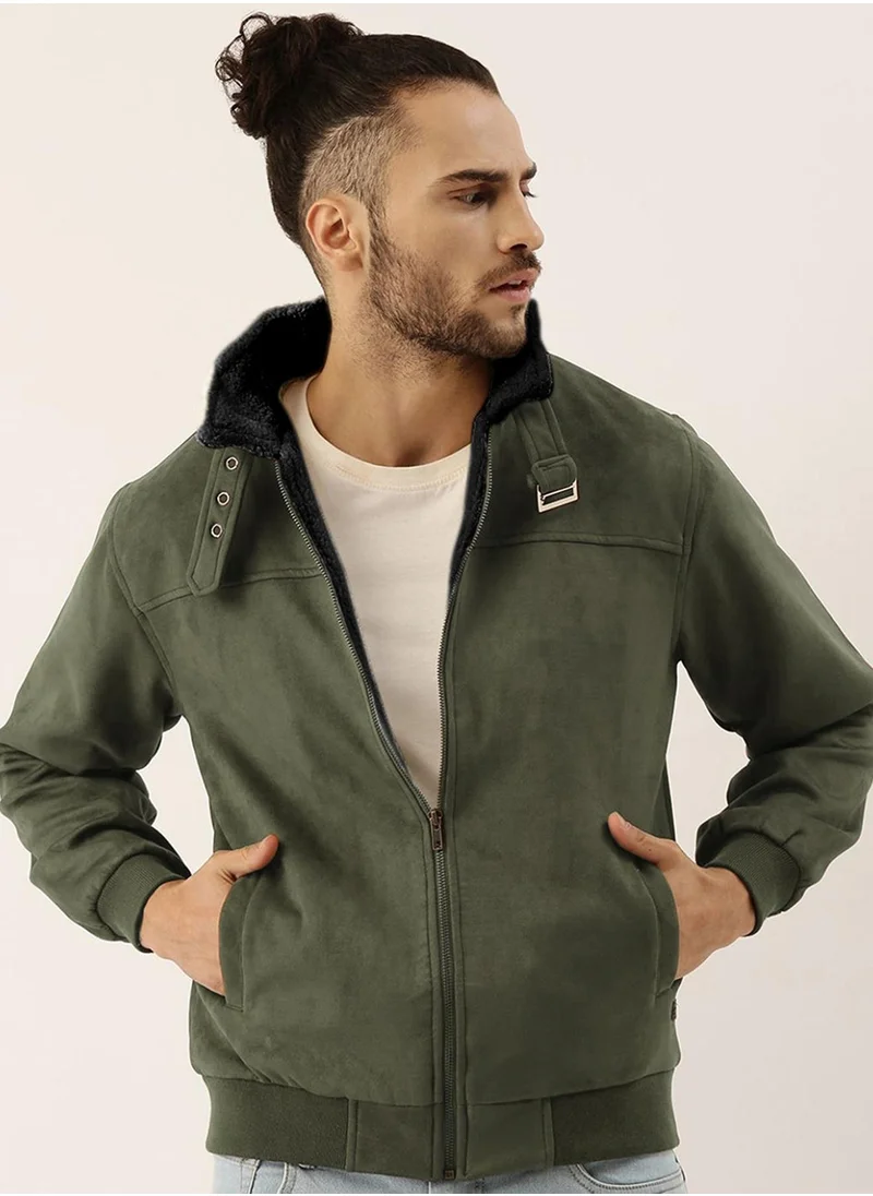 Campus Sutra Men's Army Green Fur-Lined Suede Bomber Jacket