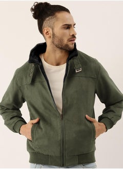 Campus Sutra Men's Army Green Fur-Lined Suede Bomber Jacket  - Image 1