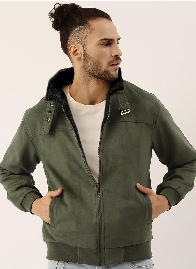 Campus Sutra - Men's Army Green Fur-Lined Suede Bomber Jacket - Image 1
