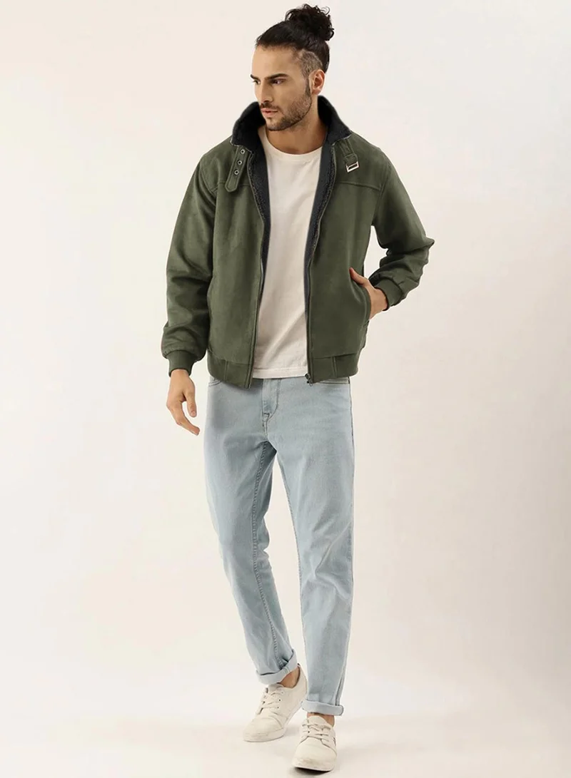 Campus Sutra Men's Army Green Fur-Lined Suede Bomber Jacket