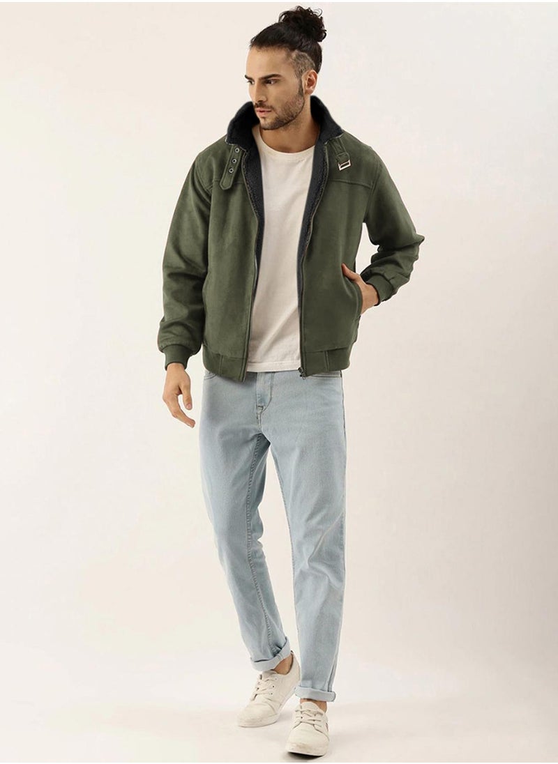 Campus Sutra - Men's Army Green Fur-Lined Suede Bomber Jacket - Image 1
