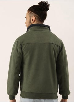 Campus Sutra Men's Army Green Fur-Lined Suede Bomber Jacket  - Image 5