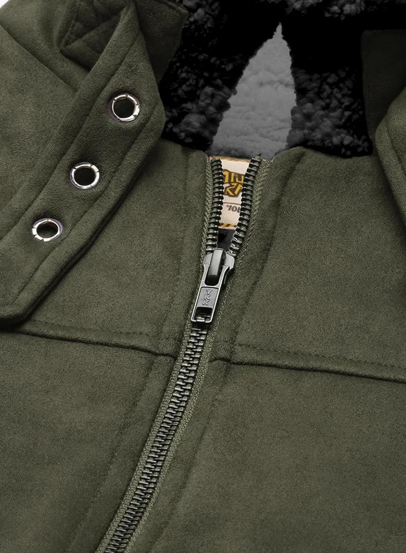 Campus Sutra Men's Army Green Fur-Lined Suede Bomber Jacket