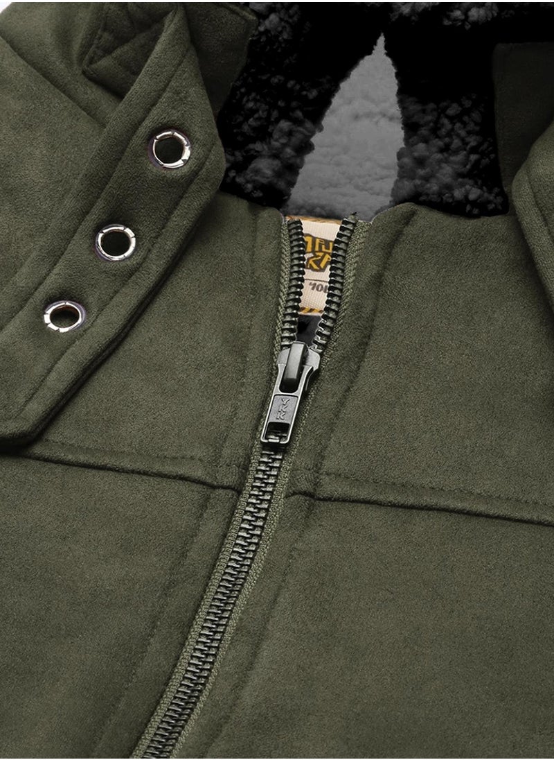 Campus Sutra - Men's Army Green Fur-Lined Suede Bomber Jacket - Image 1